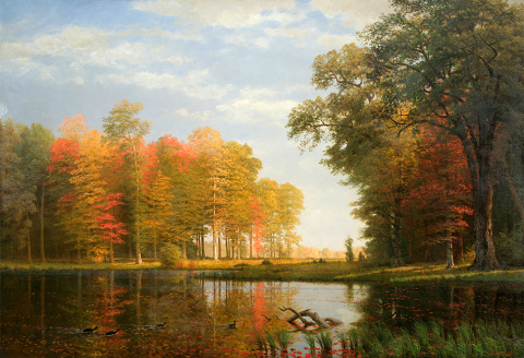 painting of lake and landscapes - Albert Bierstadt, Autumn Woods, 1886, Oil on linen, Overall (linen): 54 x 84 in. (137.2 x 213.4 cm), Framed: 64 3/4 in. × 7 ft. 10 3/4 in. × 3 1/4 in. (164.5 × 240.7 × 8.3 cm)