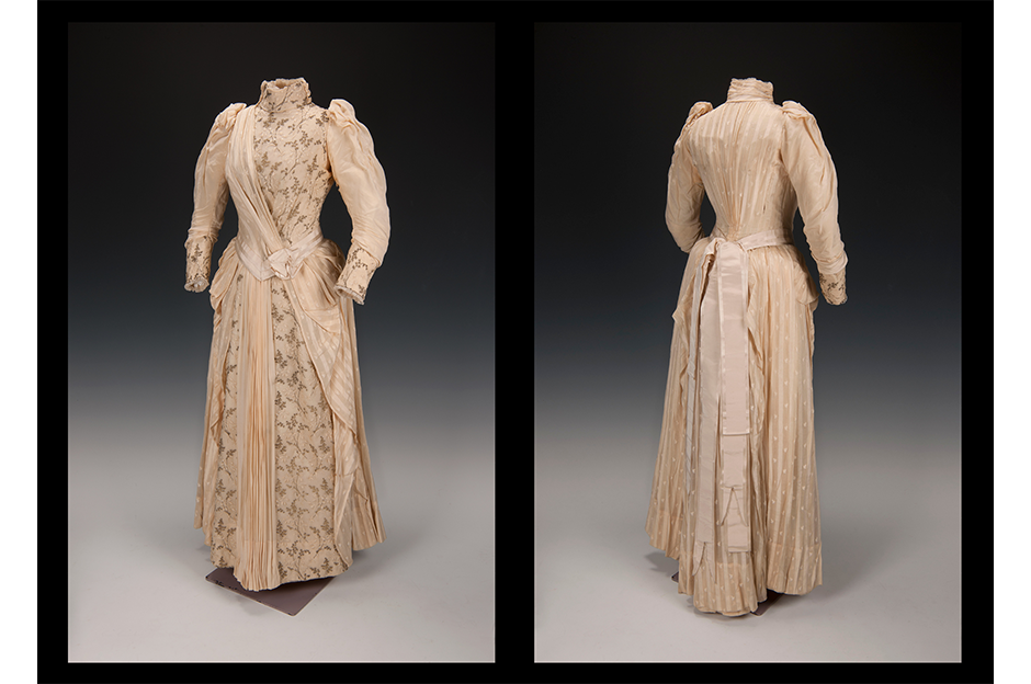 Wedding ensemble worn by Maria Watson Williams Proctor (1853-1935) for the June 11,1890 Wedding of Charles Grayson Martin and Maria Mason Peckham at Westminster Church, Utica, New York Maker Unknown, New York State Silk Fenimore Art Museum, Cooperstown, New York Gift of Munson-Williams-Proctor Institute Photograph by Richard Walker