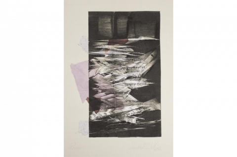 Sandra De Visser, Icon Series: BCD, acrylic on paper, 24 x 18” Sandra De Visser, Ponar, KRISTALLNACHT SERIES, 5, Monotype with chine collé on paper, 11 1/8 x 7 1/2in.